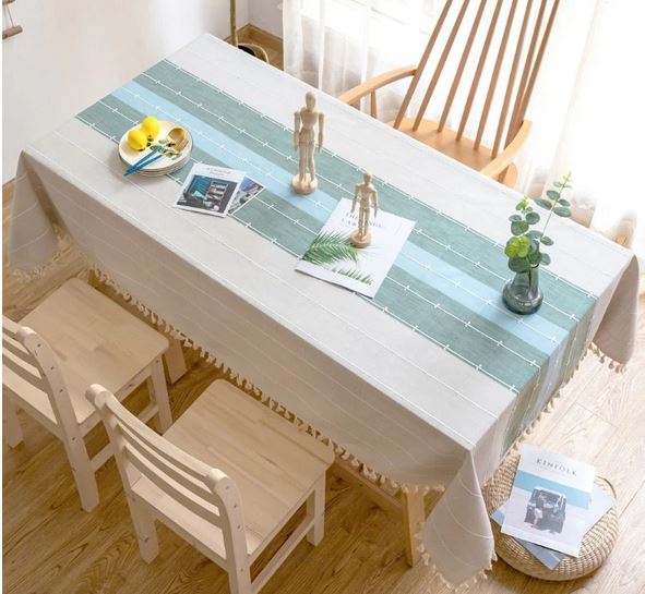 מפת שולחן כפרית לבנה עם תכלת עם טורקיז
