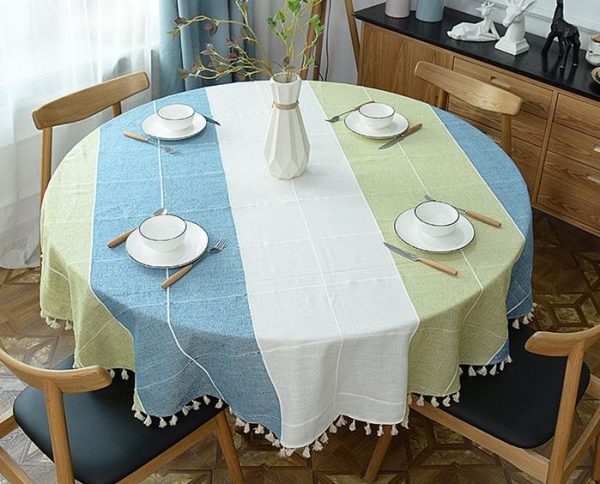 מפת שולחן עגול כחול ירוק לבן מפשתן