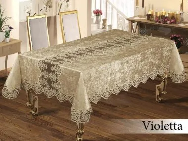 מפת שולחן גדולות, מפות שולחן מיוחדות- מפת שולחן קטיפה עם תחרה קפוצ'ינו